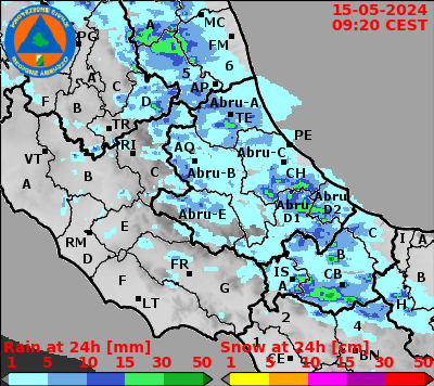 Neve e pioggia cumulata a 24 ore Abruzzo